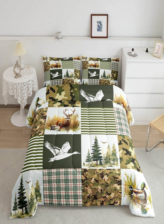 Feelyou Mallard Duck Bedding Set Twin Size Wild Duck Comforter Set for Kids Boys Girls Green Camouflage Duvet Set Geometric Quilt Set 2Pcs - Image 1