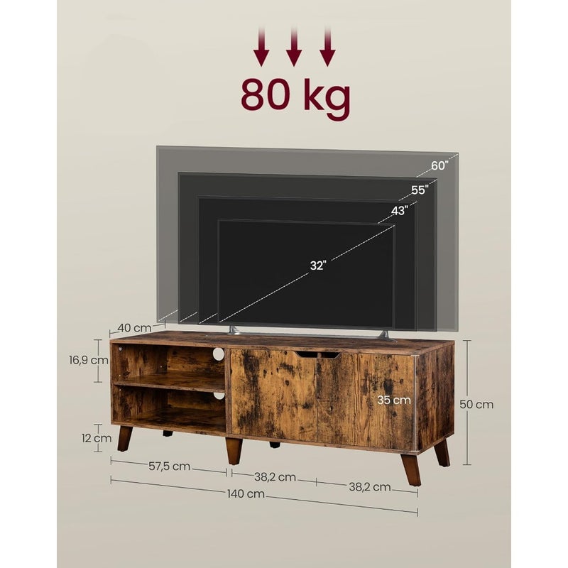 TV Stand with 2 Doors, TV Stand with Adjustable Shelves, Length 140 cm, for 65 Inch TVs, Living Room, Dining Room, Bedroom, Rustic Brown LTV027X01 - Image 3