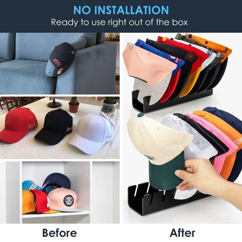 أبريري OAPRIRE HAT Stand for Baseball Caps Display و Organizer No Install Acrylic Hat Organizer 2 حزمة يحمل 14 قبعات بيسبول لخزانة غرفة نوم خزانة (أسود لامع) - Image 4