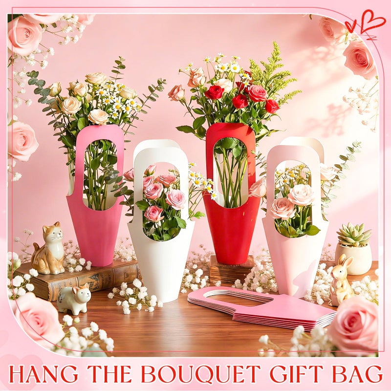 Chivertion 48 Pcs Valentine's Day Floral Boxes Bulk with Handle Pink Red Flower Gift Bags Florist Gift Packaging Arrangements Bouquet Holder for Birthday Wedding Mother's Day Bridal Party Decor - Image 4