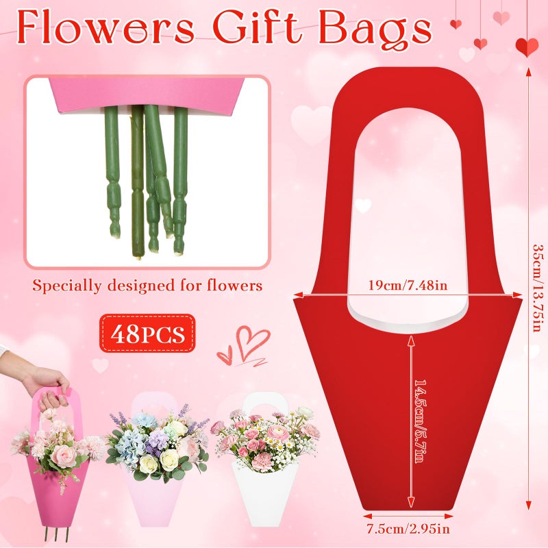 Chivertion 48 Pcs Valentine's Day Floral Boxes Bulk with Handle Pink Red Flower Gift Bags Florist Gift Packaging Arrangements Bouquet Holder for Birthday Wedding Mother's Day Bridal Party Decor - Image 2