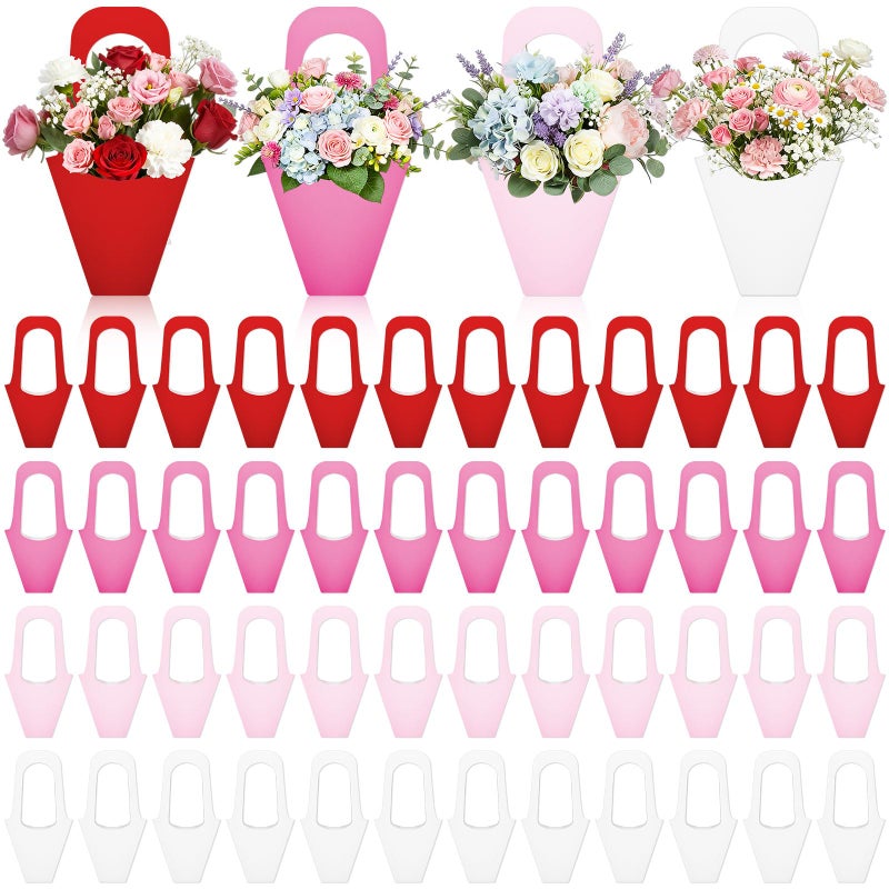 Chivertion 48 Pcs Valentine's Day Floral Boxes Bulk with Handle Pink Red Flower Gift Bags Florist Gift Packaging Arrangements Bouquet Holder for Birthday Wedding Mother's Day Bridal Party Decor - Image 1