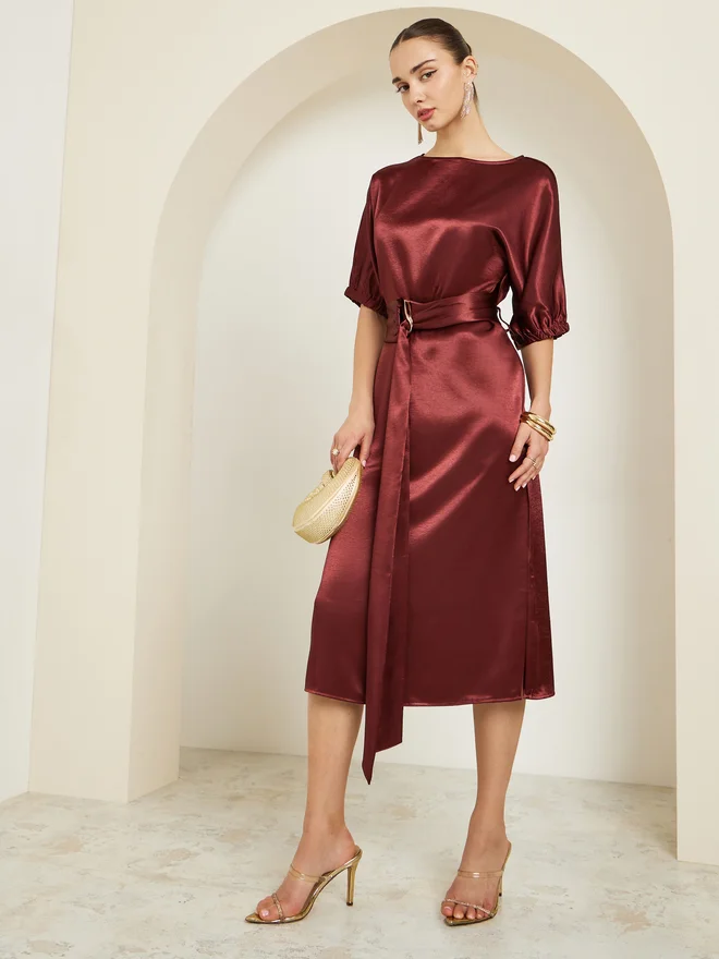 Styli Burgundy Satin Sheath Midi Dress with Belt
