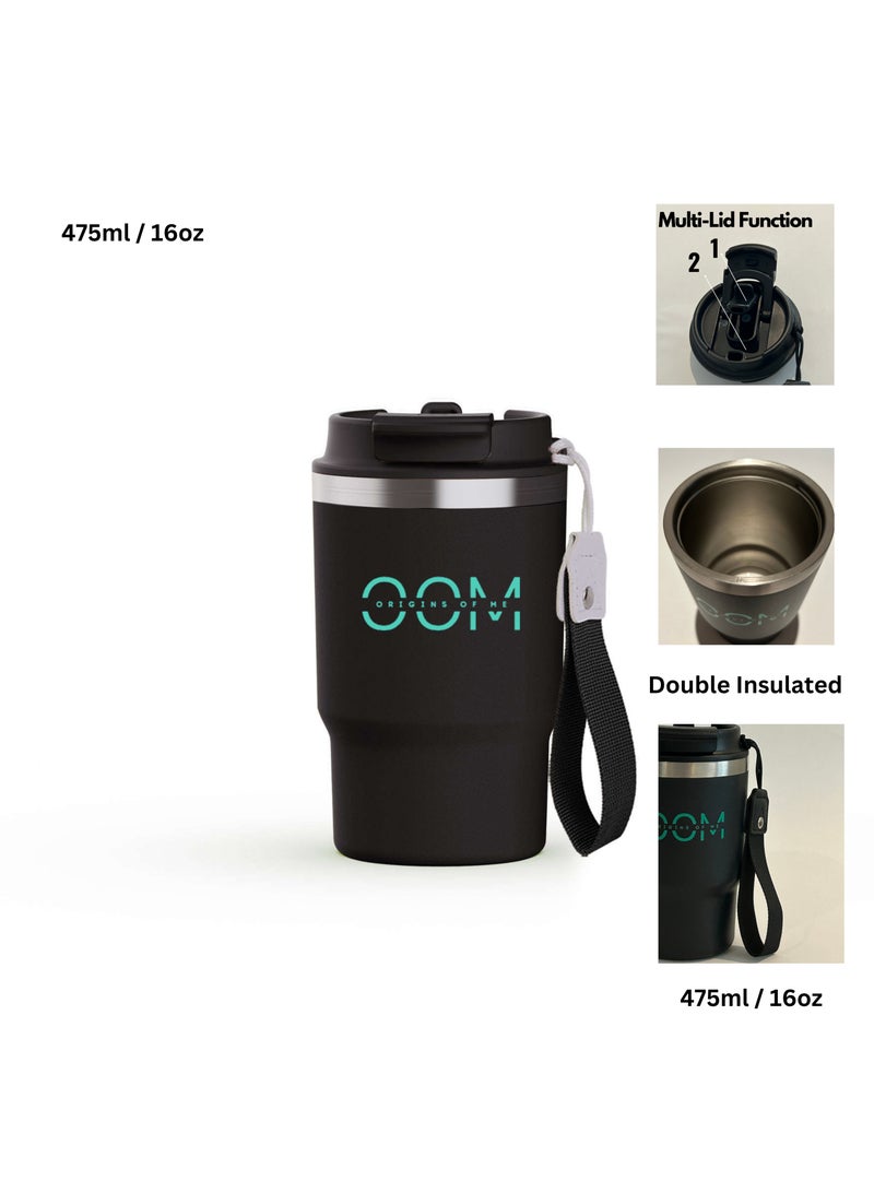 Origins Of Me OOM 475ml /16oz Black Travel Coffee Mug, Double Walled Stainless Steel Vacuum Tumbler with Multifunctional Lid-Spout & Straw Option, Leak Proof, Thermos, 8Hr Hot &12Hr Cold  - Image 4