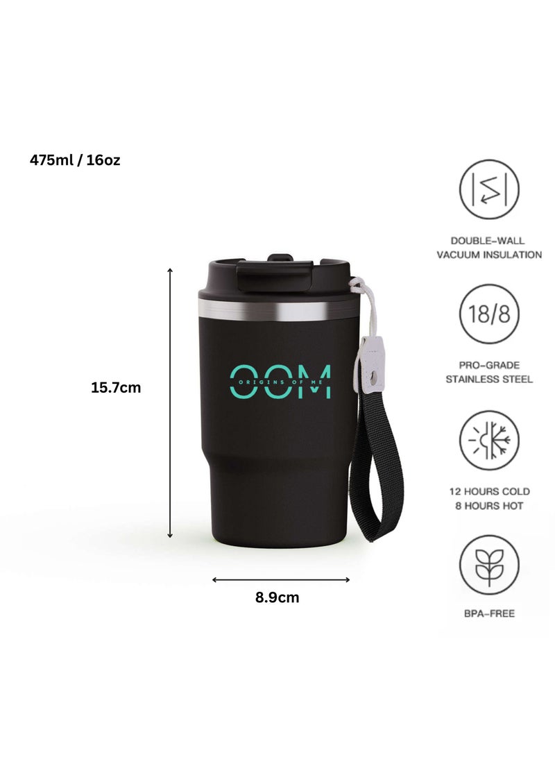 Origins Of Me OOM 475ml /16oz Black Travel Coffee Mug, Double Walled Stainless Steel Vacuum Tumbler with Multifunctional Lid-Spout & Straw Option, Leak Proof, Thermos, 8Hr Hot &12Hr Cold  - Image 2