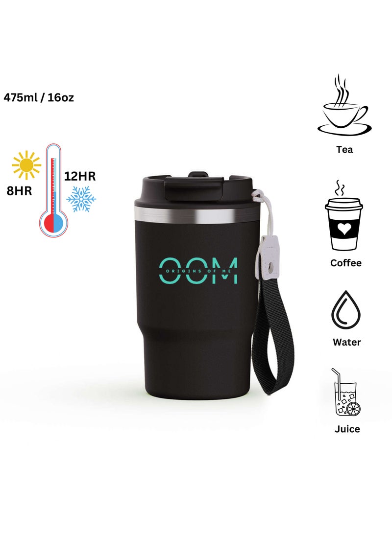 Origins Of Me OOM 475ml /16oz Black Travel Coffee Mug, Double Walled Stainless Steel Vacuum Tumbler with Multifunctional Lid-Spout & Straw Option, Leak Proof, Thermos, 8Hr Hot &12Hr Cold  - Image 3