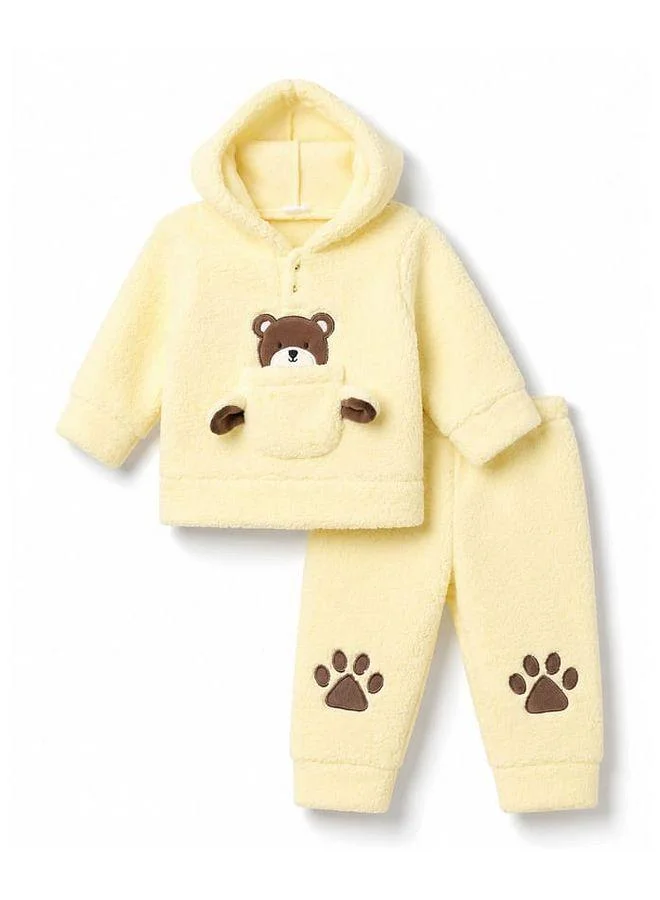 Babyhug Babyhug Fur Woven Full Sleeves Bear Embroidered Hooded Sweatshirt With Pant Winter Wear Suit - Yellow