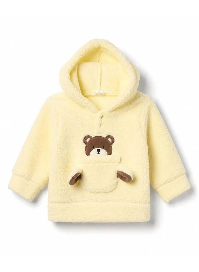 Babyhug Babyhug Fur Woven Full Sleeves Bear Embroidered Hooded Sweatshirt With Pant Winter Wear Suit - Yellow