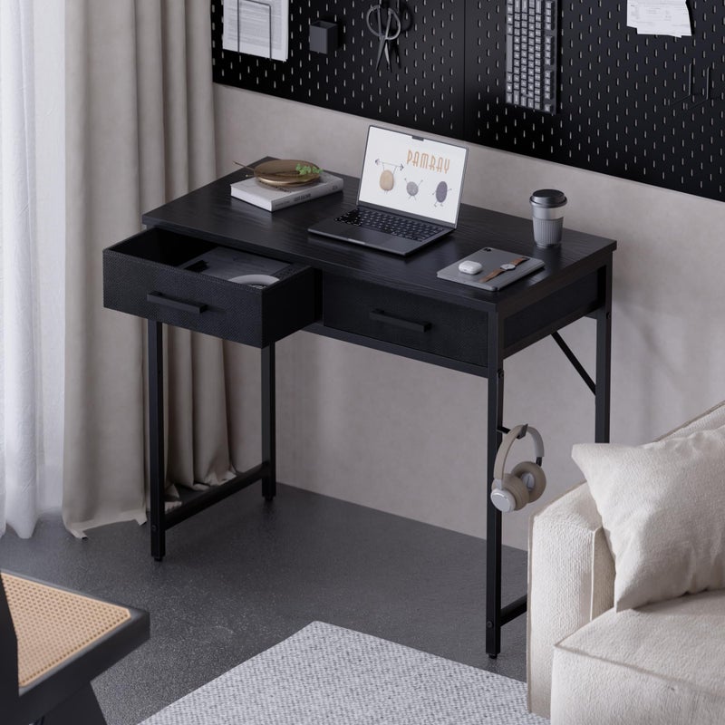 Pamray 32 Inch Small Computer Desk with 2 Drawers for Bedroom Study Writing Home Office Table for Small Spaces Black - Image 2
