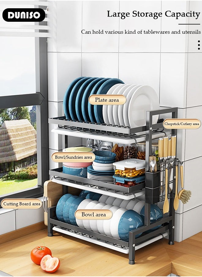 DUNISO 3 Ties Heavy Duty Dish Drying Rack, Dish Racks for Kitchen Counter,  Space Saving Dish Rack for with Utensil Holder Large Antibacterial Kitchen Countertop  - Image 3