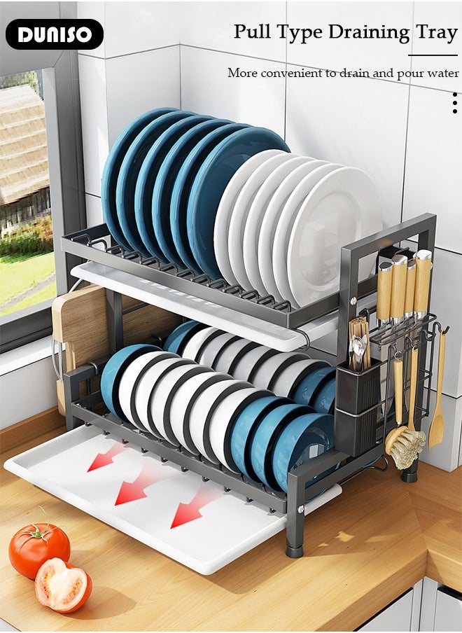 DUNISO 3 Ties Heavy Duty Dish Drying Rack, Dish Racks for Kitchen Counter,  Space Saving Dish Rack for with Utensil Holder Large Antibacterial Kitchen Countertop  - Image 5