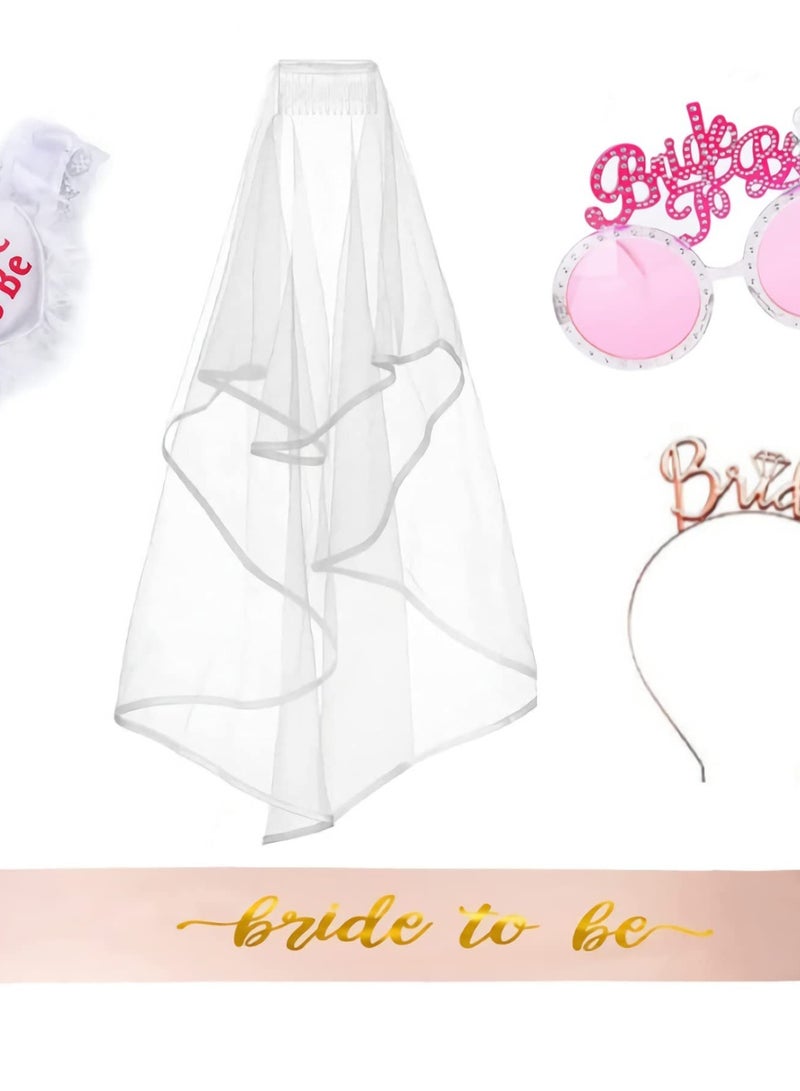 Excefore Bachelorette Party Decorations 5-Pack, Bride-to-Be Sash, Veil, Crown, Garter, and Glasses - Complete Bridal Shower and Wedding Accessories Kit - Image 1