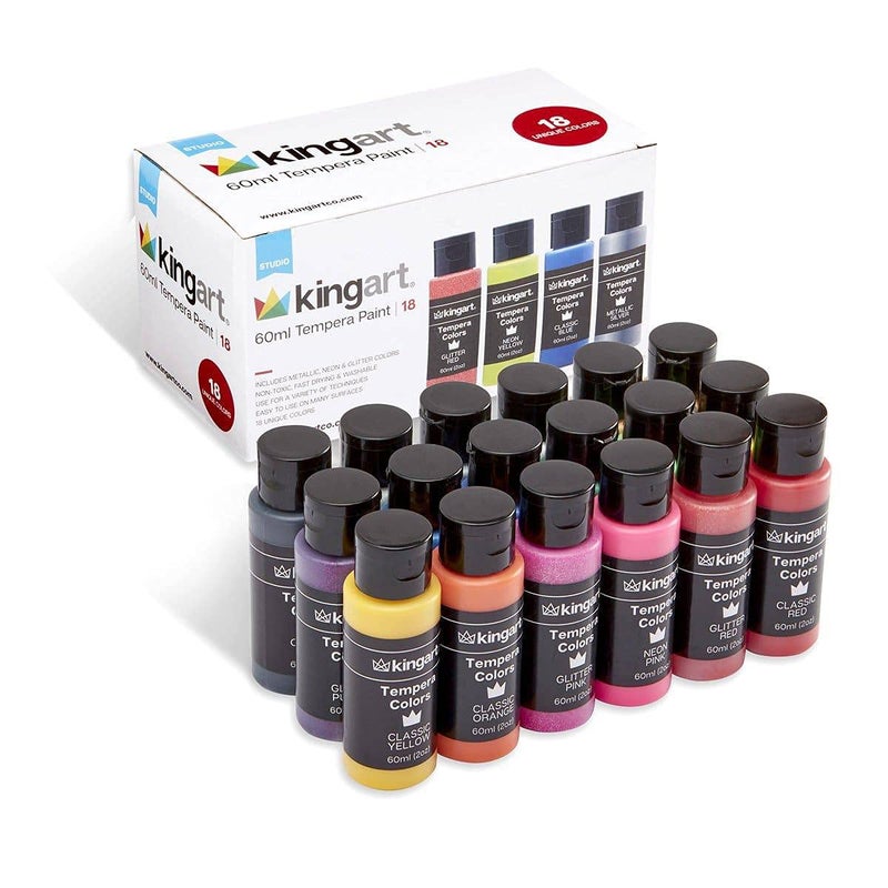 KINGART Kids Washable Tempera Paint, 18 Unique Colors, 60ml (2oz) Poster Paint, Art Supplies for Finger Painting, School Projects, and Crafting - Image 1