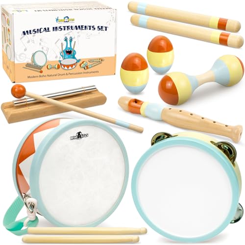 MINIARTIS Toddler Musical Instruments Montessori Wooden Musical Toys for Toddlers 13 Modern Boho Baby Drum Set with Neutral Colors Percussion Instruments Kids Preschool Educational - Image 1