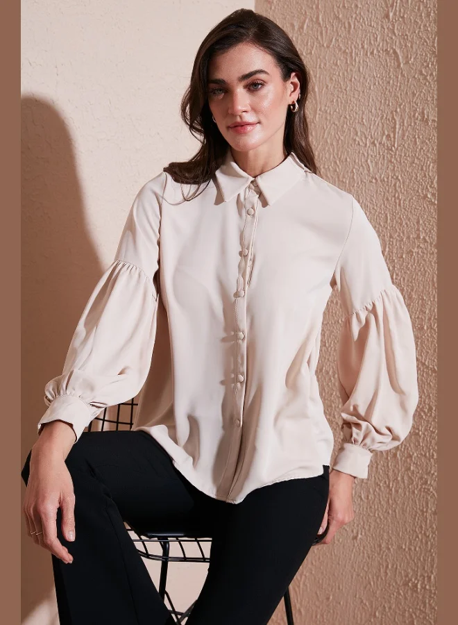 Lela Lela Regular Fit Stitching Detail Plain Collar Balloon Sleeve Shirt Women's SHIRT 611GO00003