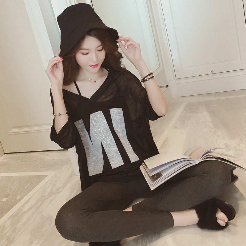 Plus Size T-Shirt Women'S Summer Chubby Girl Korean Loose V-Neck Top Suspender Top Two-Piece Short Sleeve 200 Jin Top Trendy T - Image 3