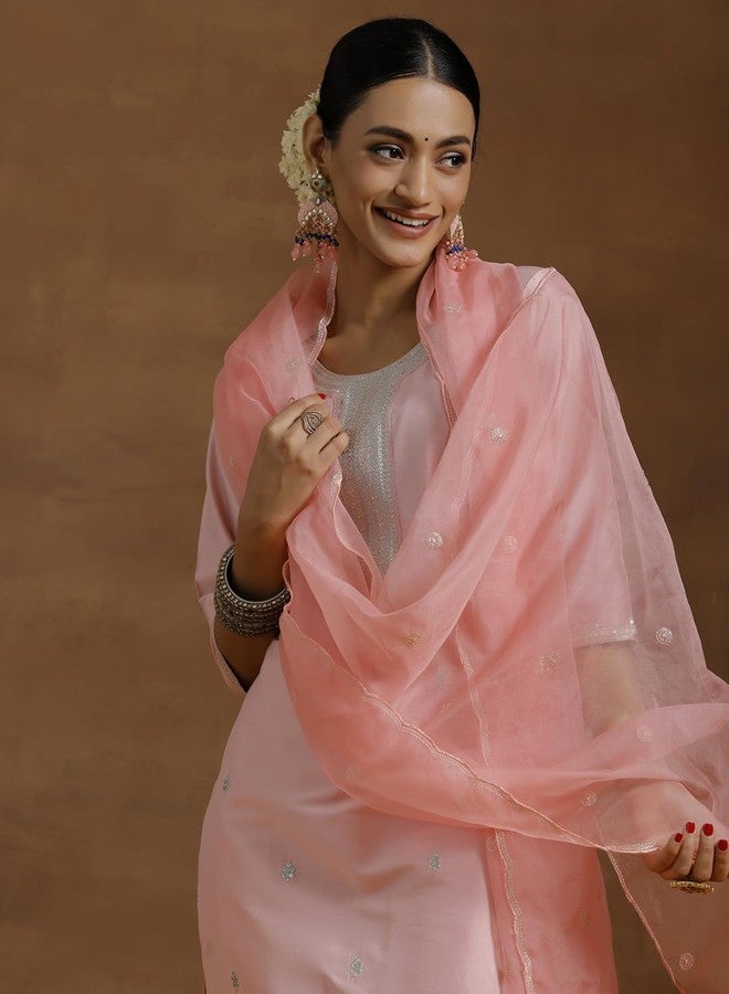 Libas Womens Embroidered Silk Blend Straight Kurta With Trousers and Dupatta - Image 4