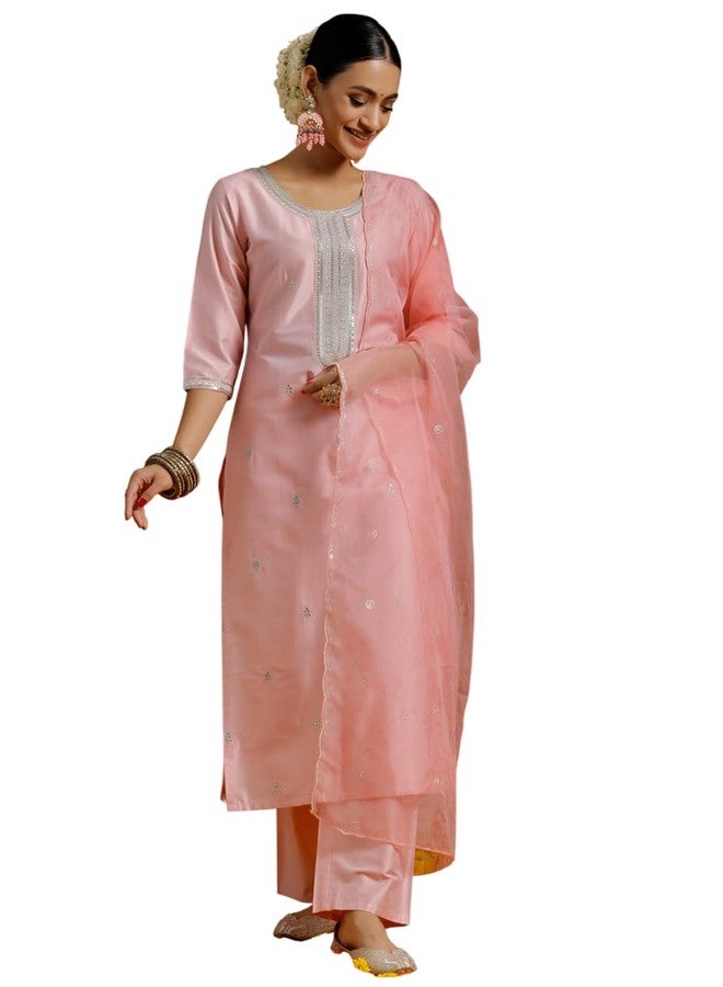 Libas Womens Embroidered Silk Blend Straight Kurta With Trousers and Dupatta - Image 1