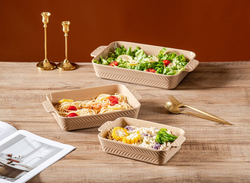 Dove 3-Piece Rectangular Porcelain Baking Dish Set Brown, Sizes 10 + 12 + 14 Inch