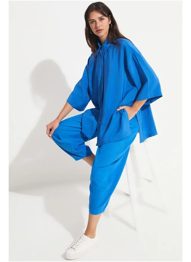 JUNE June Elastic Waist Viscose Trouser Blue