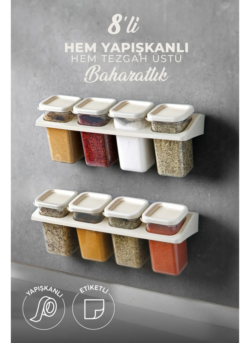 Kitchen Life 8-Piece Labeled Stand Self-Adhesive Square Spice Jar Set - Food Storage Container Set