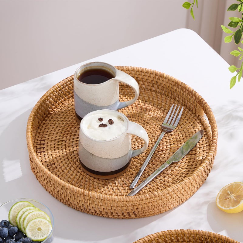 Kmelep Round Rattan Serving Tray,Hand-Woven Tray with Handles, Ottoman Decorative Coffee Table Tray,Wicker Storage Basket for Tea,Fruit,Bread (Natural, 11.8") - Image 3