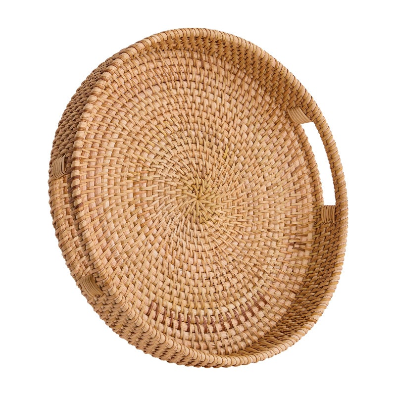 Kmelep Round Rattan Serving Tray,Hand-Woven Tray with Handles, Ottoman Decorative Coffee Table Tray,Wicker Storage Basket for Tea,Fruit,Bread (Natural, 11.8") - Image 1