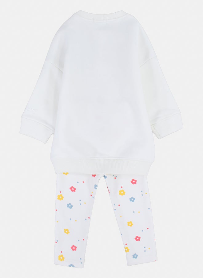 playmore Baby Girls Cotton 2-Piece Outfit Set – Off-White with Rainbow & Flowers Print - Image 2