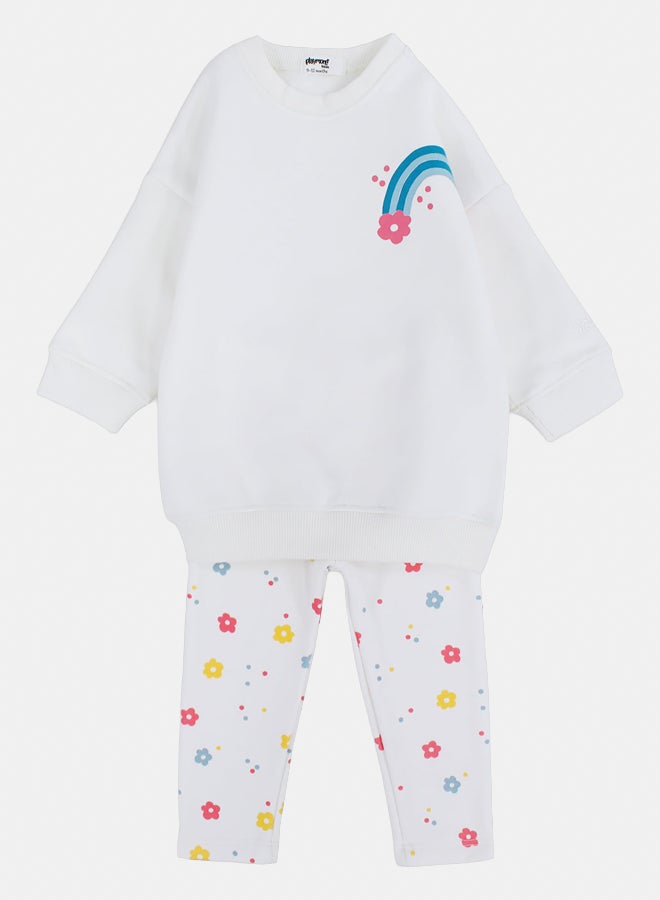 playmore Baby Girls Cotton 2-Piece Outfit Set – Off-White with Rainbow & Flowers Print - Image 1
