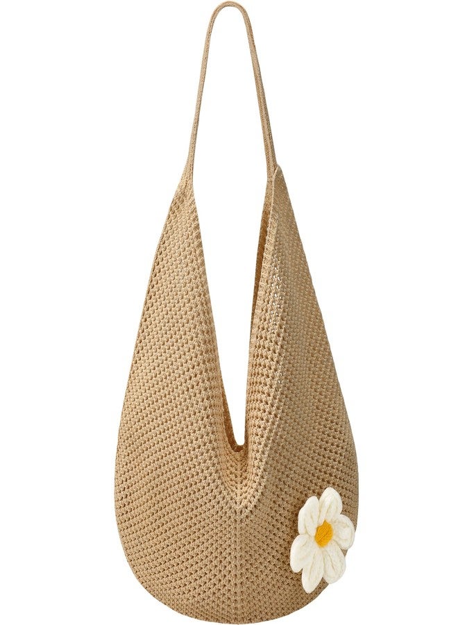 Premillow Crochet Beach Bags for Women, Summer Beach Tote Bag, Mesh Tote Bag Cute Beach Bag Purse, Large Aesthetic Crochet Bag Knit Bag Handbag Shoulder Bags for Summer Vacation, Khaki - Image 1