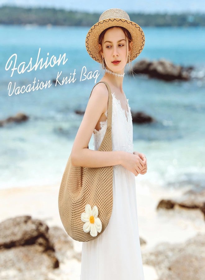 Premillow Crochet Beach Bags for Women, Summer Beach Tote Bag, Mesh Tote Bag Cute Beach Bag Purse, Large Aesthetic Crochet Bag Knit Bag Handbag Shoulder Bags for Summer Vacation, Khaki - Image 2