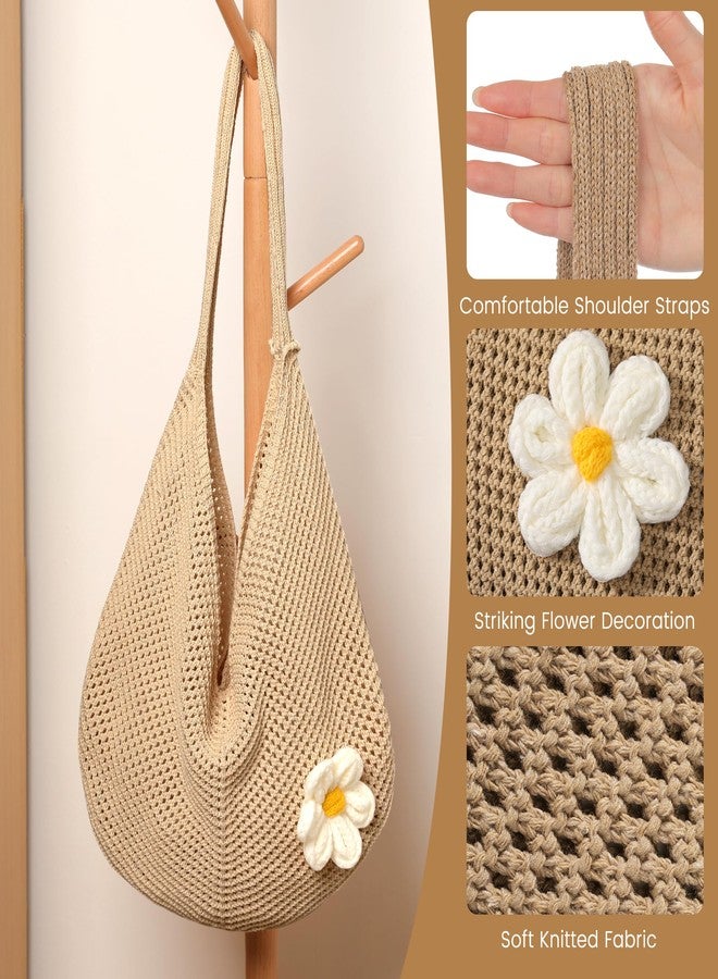 Premillow Crochet Beach Bags for Women, Summer Beach Tote Bag, Mesh Tote Bag Cute Beach Bag Purse, Large Aesthetic Crochet Bag Knit Bag Handbag Shoulder Bags for Summer Vacation, Khaki - Image 5