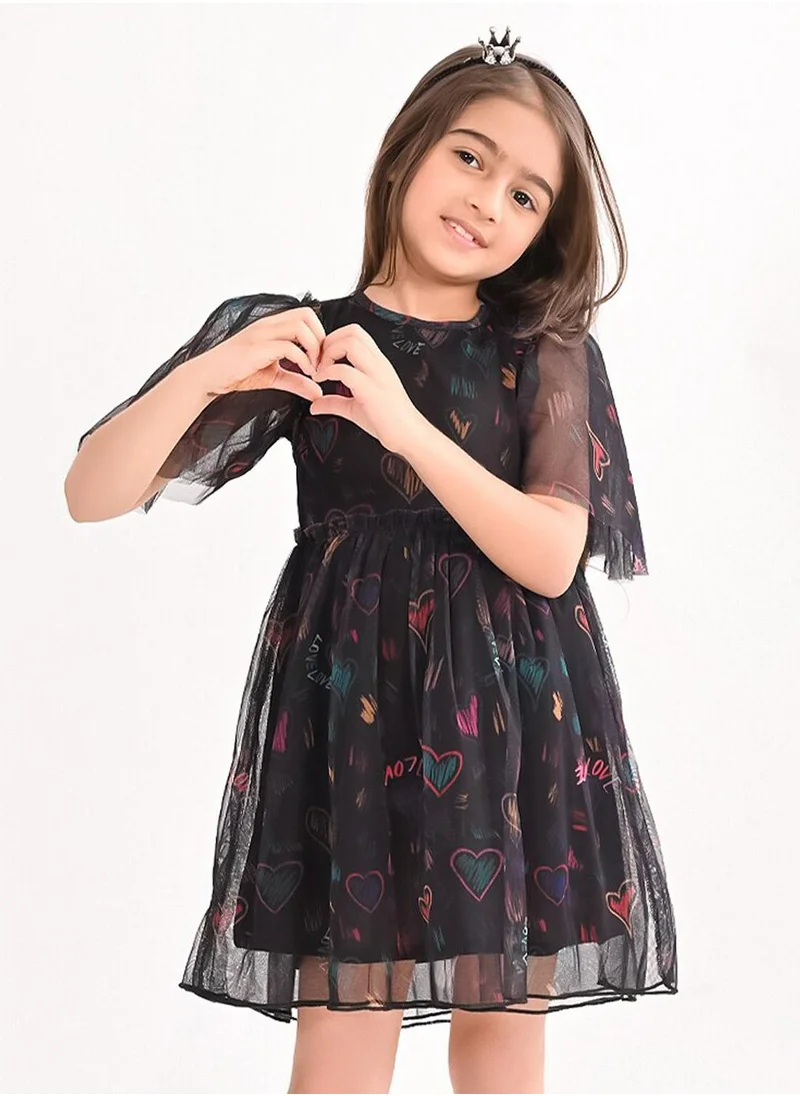 بونكيدز Regular Fit Printed Multicolour Cotton Dresses For Girls Round Neck Flat Collar Pull On 100 % Cotton