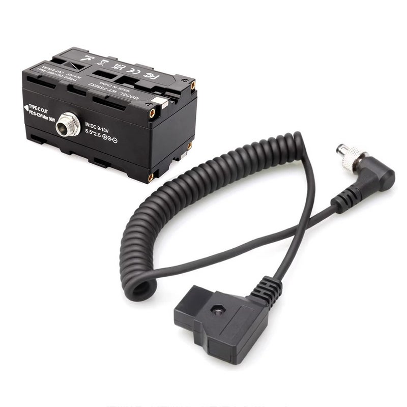 D-Tap to Double-Sided NP-F550/570/770/970 Dummy Battery Power Adapter with 5-12V Type-C Output Flexible Spring Cable for Field Monitor LED Light Wireless Video Transmission - Image 1