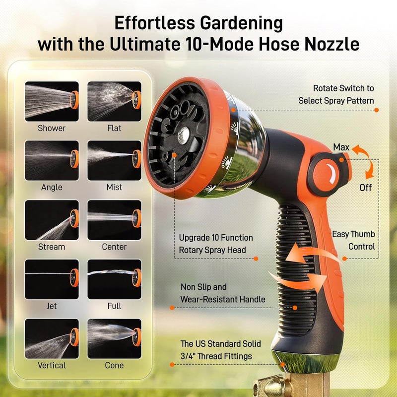 خرطوم حديقة، 75 قدم 5/8 بوصة خرطوم ماء من الفولاذ المقاوم للصدأ مع فوهة رش 10 أوضاع، صمام تشغيل/إيقاف، ضغط انفجار 523 PSI، مضاد للالتواء، خفيف الوزن ومرن لجميع الأحوال الجوية، توصيلات نحاسية ذكر إلى أنثى 3/4 بوصة مانعة للتسرب - Image 2