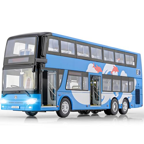 HAPYAD 142 Diecast Bus Toys Cars Metal Double Decker City Bus Vehicles with Light Up and Openable Doors Realistic Alloy Car Model for Kids Boys Girls 115 Blue - Image 1
