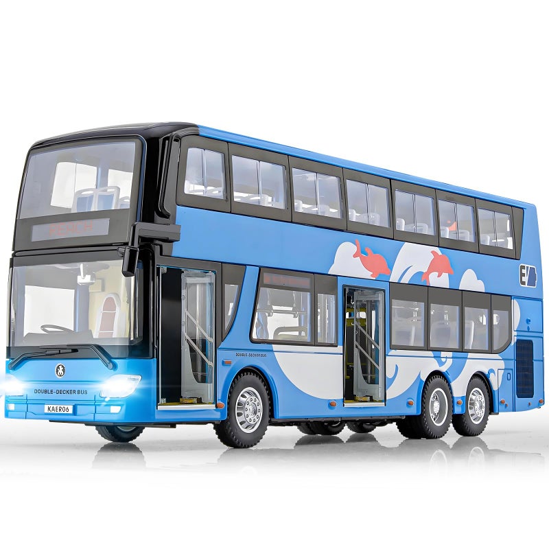 HAPYAD 142 Diecast Bus Toys Cars Metal Double Decker City Bus Vehicles with Light Up and Openable Doors Realistic Alloy Car Model for Kids Boys Girls 115 Blue - Image 3