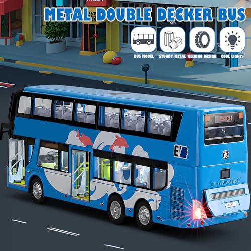 HAPYAD 142 Diecast Bus Toys Cars Metal Double Decker City Bus Vehicles with Light Up and Openable Doors Realistic Alloy Car Model for Kids Boys Girls 115 Blue - Image 5