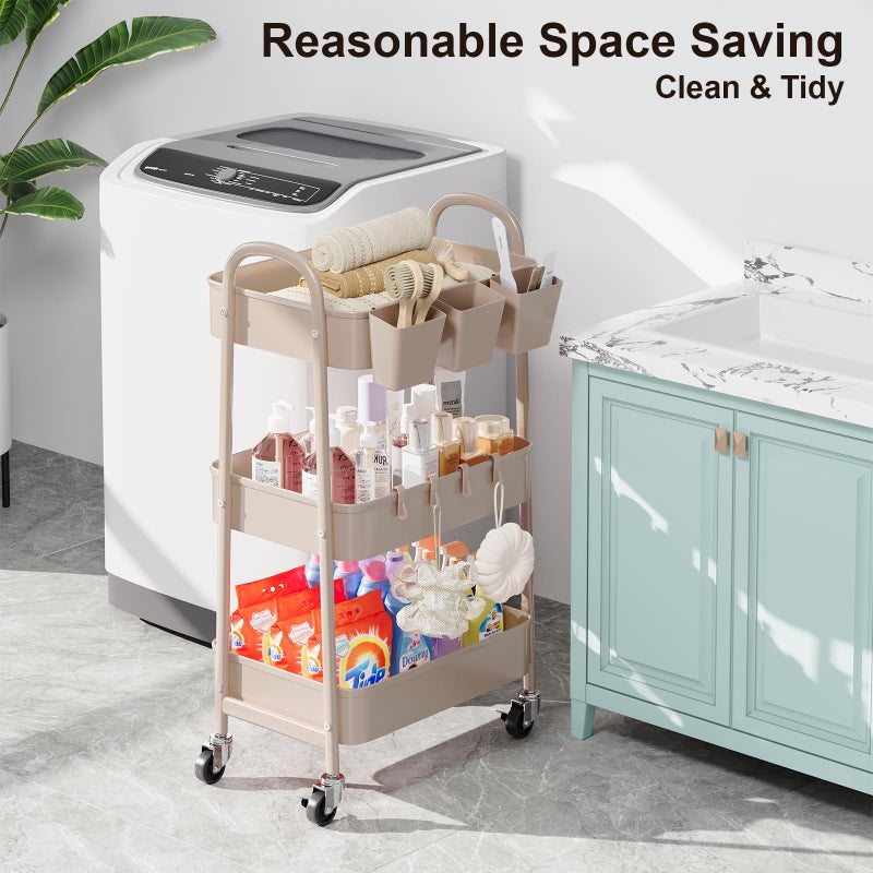 Recximi 3 Tier Khaki Metal Utility Rolling Cart, Storage Cart with Handle and Lockable Wheels, Multifunctional Organizer Trolley with Mesh Storage Baskets for Kitchen, Office, Living Room, Laundry, Garage - Image 3