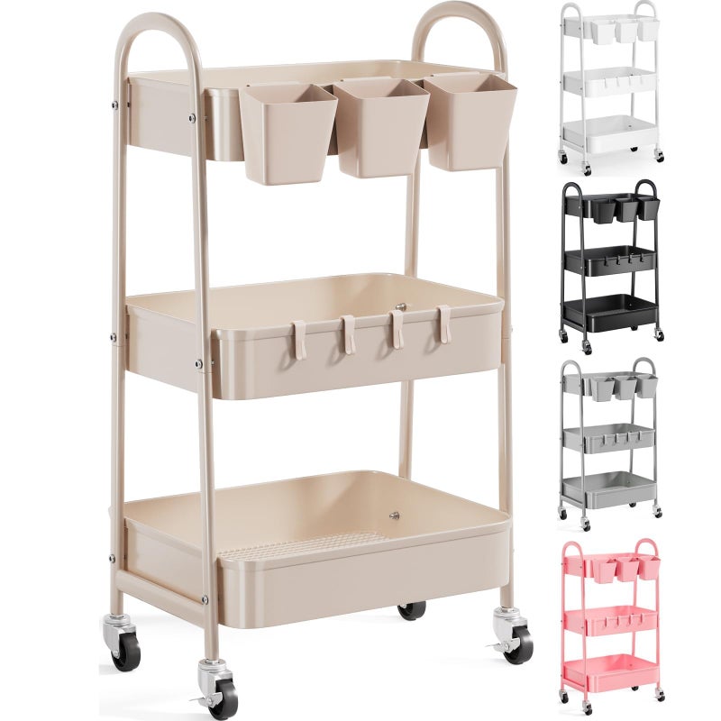 Recximi 3 Tier Khaki Metal Utility Rolling Cart, Storage Cart with Handle and Lockable Wheels, Multifunctional Organizer Trolley with Mesh Storage Baskets for Kitchen, Office, Living Room, Laundry, Garage - Image 1
