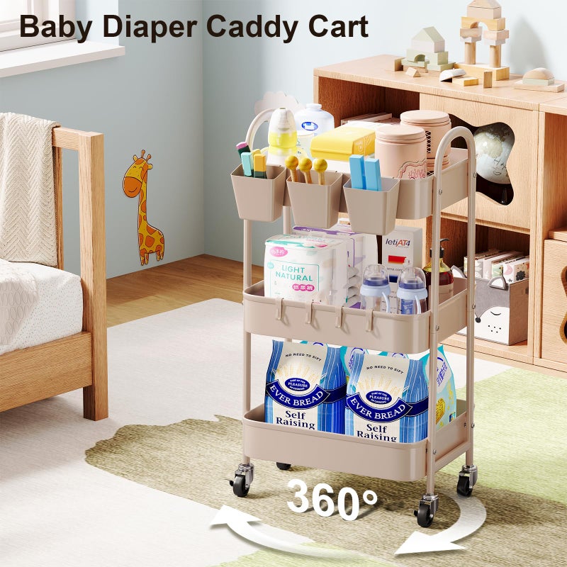 Recximi 3 Tier Khaki Metal Utility Rolling Cart, Storage Cart with Handle and Lockable Wheels, Multifunctional Organizer Trolley with Mesh Storage Baskets for Kitchen, Office, Living Room, Laundry, Garage - Image 2