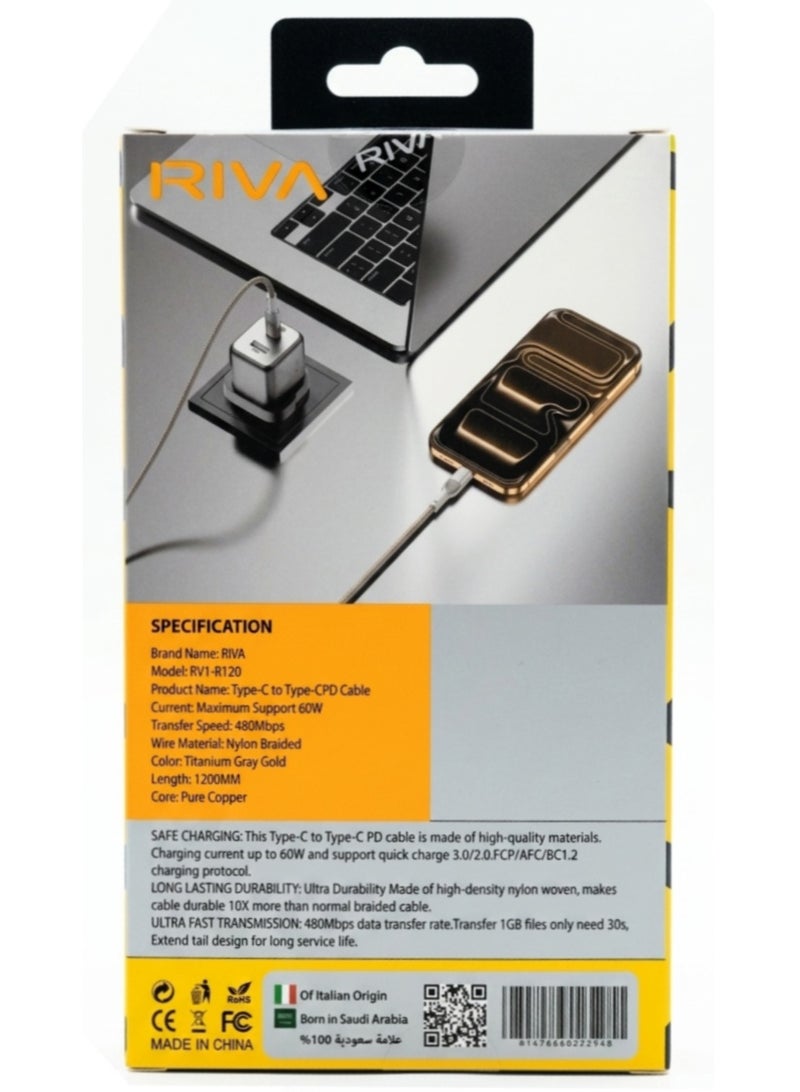 RIVA Type-C to Type-C,60W, Cable , RV1-R120 - Image 2