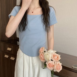 Irregular Short-sleeved T-shirt Womens Summer 2023 New Design Sense New Slim-fit Short Top Instagram Womens Fashion Fog Blue - pzsku/Z0E087B51636BB20ADB4AZ/45/1746233372/1049082e-1781-457c-b04b-39a4e571c179