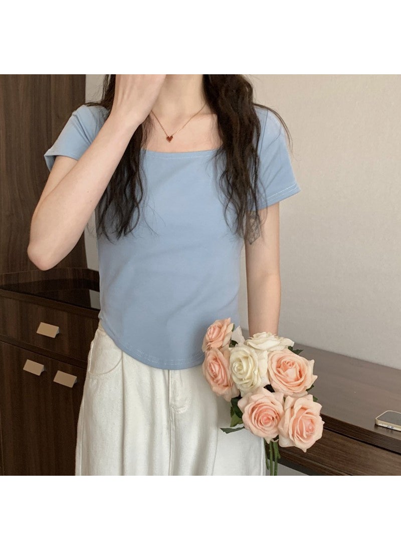 Generic - Irregular Short Sleeve T-shirt Women Summer Design Slim Fit Short Top Trendy Women Clothing Fresh Sweet Style Polyester Fabric Fog Blue - Image 1