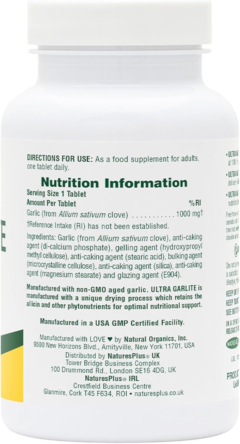 Natures Plus NaturesPlus Ultra Garlite 1000 mg High Allicin Aged Garlic Odourless Cool Dried Sustained Release Gluten Free Vegetarian 90 Tablets - Image 3