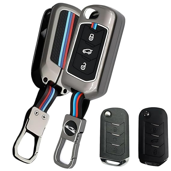 Cri8Hub Metal Silicon Key Cover Compatible with Mahindra Scorpio, Marazzo | Xuv 300, Xuv 700 | Xuv 400 Ev | Bolero | Thar | Tuv 3 Button Flip Key Feature Visibility in Low-Light Condition, Black - Image 1