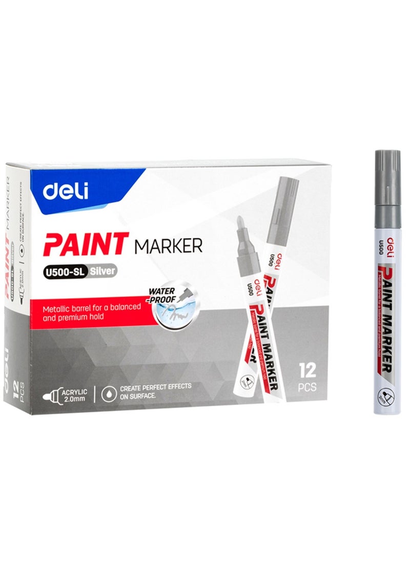 Deli 12-Piece Bullet Tip Paint Marker Silver Ink  - Image 1