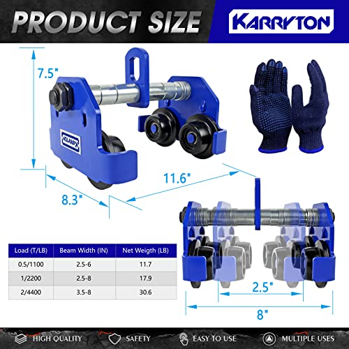 KARRYTON 0.5Ton/1100LB Beam Trolley 2.5 – 6in Adjustable Flange Width, Heavy Duty Manual Push Trolley w/Dual Track Rollers for Crane Lifts, Garage Hoists, Straight/Curved I Beams - Image 3