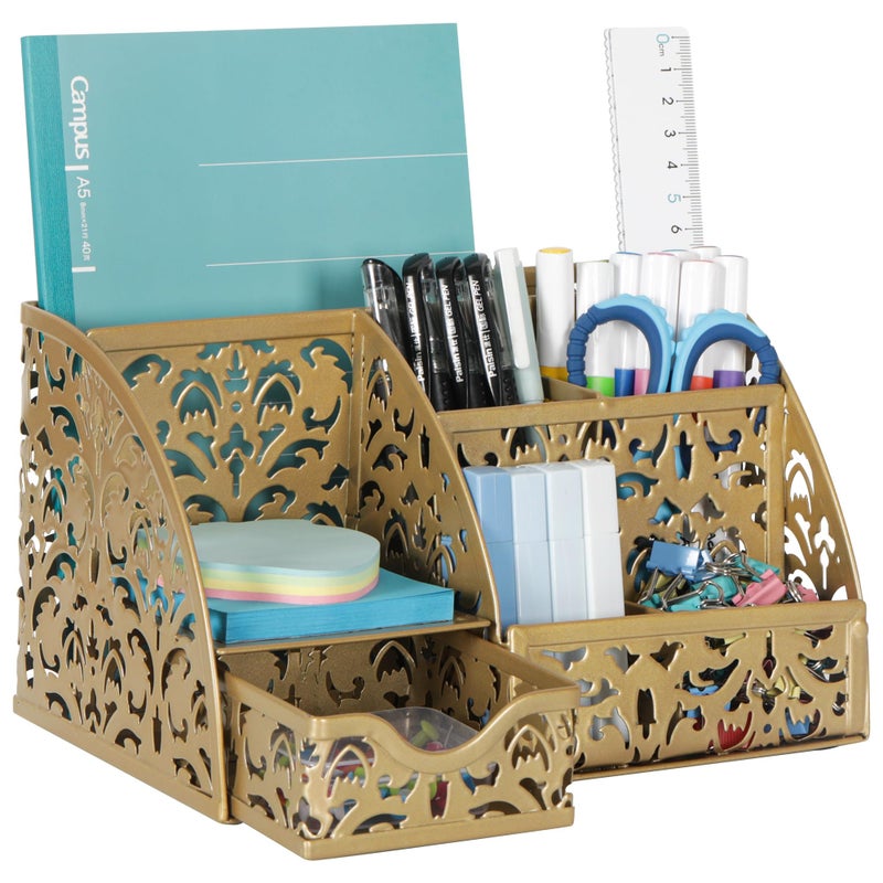 EasyPAG Pen Holder Desk Organizer with Drawer Pencil Cup for Desk 6 Compartments Metal Office Caddy Storage with Sticky Notes Holder for School Home Office, Gold - Image 1