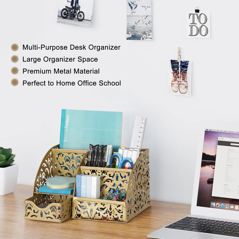 EasyPAG Pen Holder Desk Organizer with Drawer Pencil Cup for Desk 6 Compartments Metal Office Caddy Storage with Sticky Notes Holder for School Home Office, Gold - Image 2